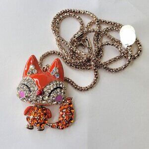 Fox Pendant Necklace Orange Animal Pendant Long Necklace Orange Crystal Pendants